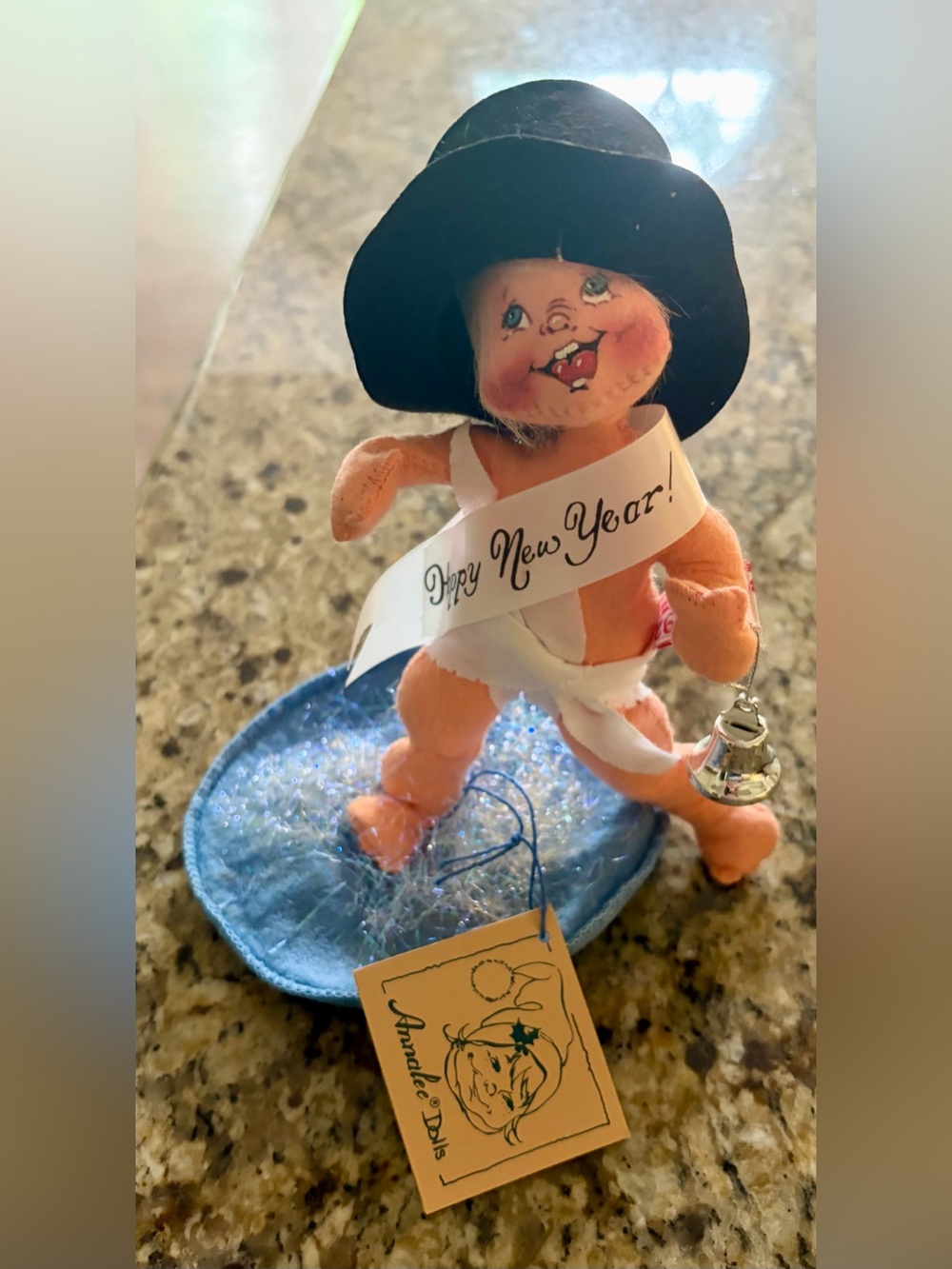 Annalee Peach-Faced New Year Doll with Black Hat and Blue Base